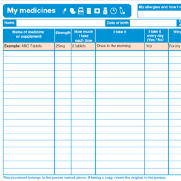 A page of the HSE My Medicines leaflet with rows where patients can fill in details of the medicines they are taking and how to take them