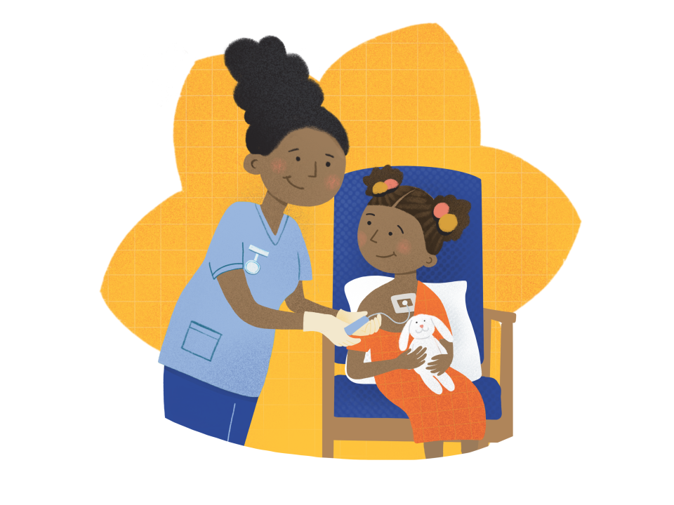 A nurse checking a child's central line