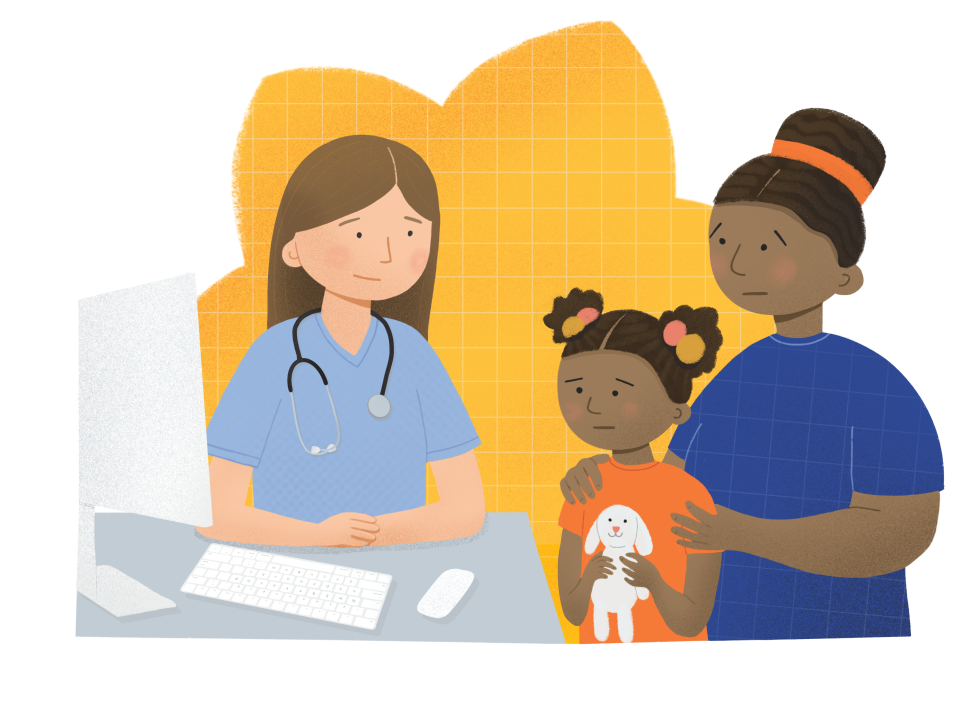 Mother and child talking to a nurse